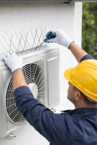 Majstor postavlja zaštitne šiljke iznad vanjske jedinice klima uređaja na vanjskom zidu Naslov: