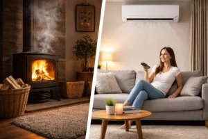 Dogrijavanje doma bez dima i nereda - Klima uređaji Hrvatska Dogrijavanje doma uz moderan klima uređaj u toplom dnevnom boravku, žena sjedi opušteno na kauču u kratkim rukavima