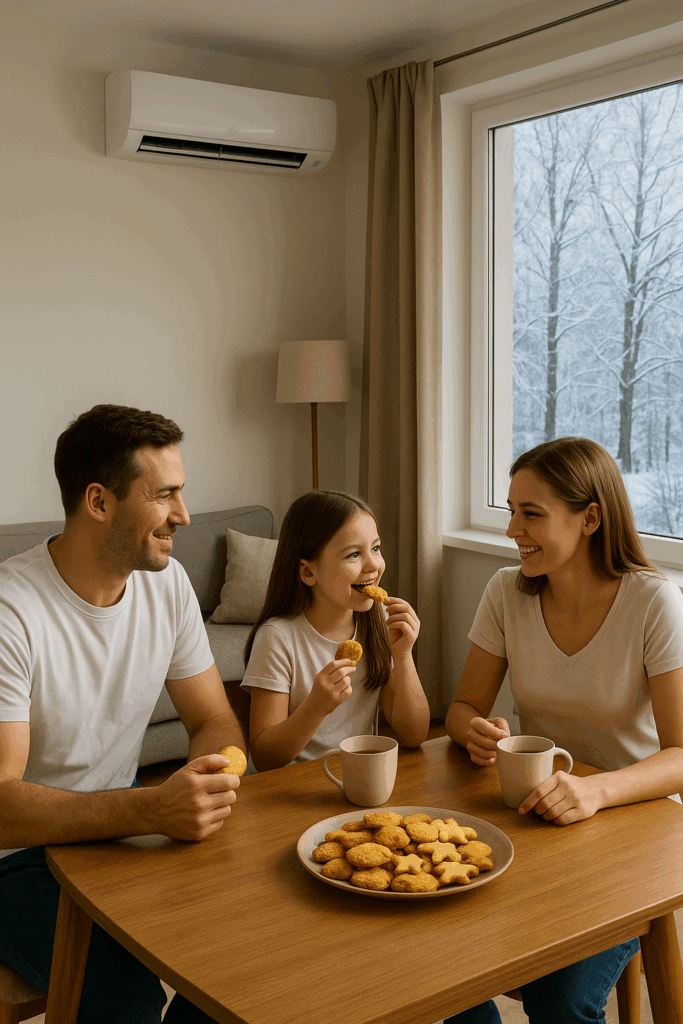Mala obitelj u dnevnom boravku jede blagdanske kolačiće dok ih grije klima uređaj za grijanje, a vani je hladna zima