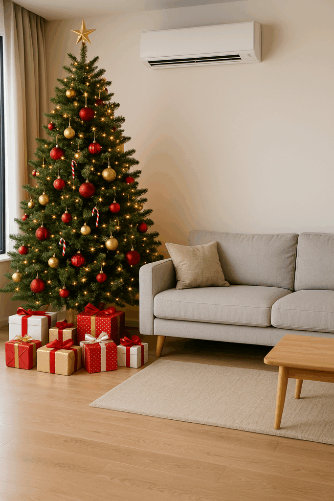 Okićeni božićni bor s poklonima ispod njega kao simbol blagdanskog popusta na klima uređaj za grijanje zimi