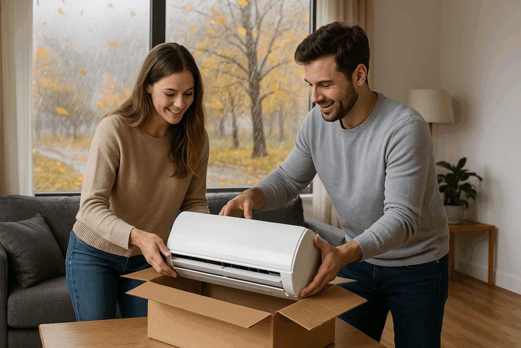 Kupnja klima uređaja u jesen – nova klima u dnevnom boravku - Klima uređaji Hrvatska Kupnja klima uređaja za grijanje stana – obitelj uživa u toplom dnevnom boravku