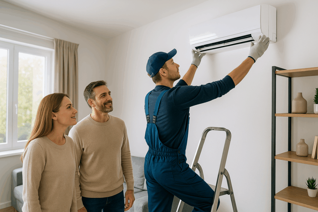 Stručna montaža klima uređaja. - Klima uređaji Hrvatska Kupnja klima uređaja i stručna montaža klima uređaja – ovlašteni monter postavlja unutarnju jedinicu dok vlasnici zadovoljno promatraju