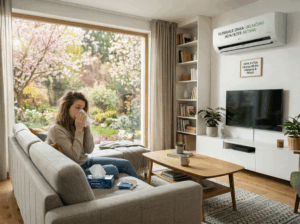 Klima uređaji 2026 s HEPA filtrom u dnevnoj sobi; djevojka na trosjedu s maramicom, proljeće u cvatu