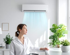 Osoba sjedi u svijetloj prostoriji ispod zidnog klima uređaja uz biljke i prirodno svjetlo