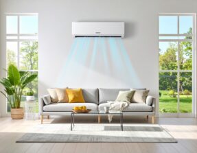 Klima uređaji 2026 u dnevnoj sobi iznad trosjeda, prikaz ravnomjernog strujanja zraka