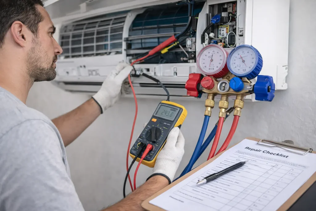 za objavu montaža klima uređaja: Servis klime – tehničar radi dijagnostiku zidnog klima uređaja multimetrom i manometrom.