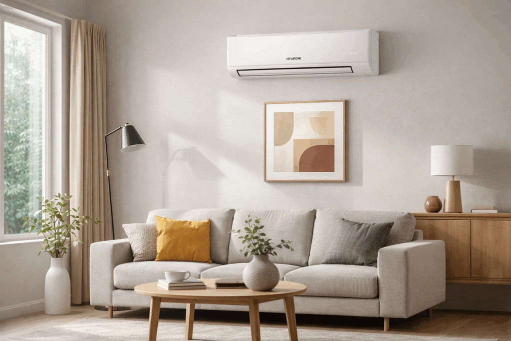 Hyundai klima uređaj montiran na zidu modernog dnevnog boravka s garniturom i prirodnim svjetlom.