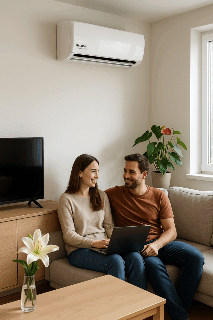 Hyundai Elite Inverter Plus – klima u modernom dnevnom boravku - Klima uređaji Hrvatska Hyundai Elite Inverter Plus klima uređaj na zidu modernog dnevnog boravka; par sjedi na sofi, sobna biljka i vaza s cvijećem na stolu.