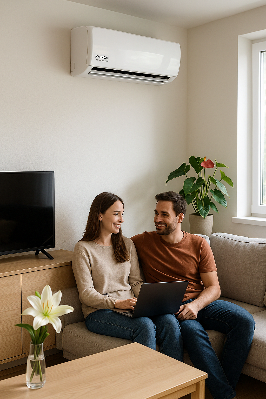 Hyundai Elite Inverter Plus – klima u modernom dnevnom boravku - Klima uređaji Hrvatska Hyundai Elite Inverter Plus klima uređaj na zidu modernog dnevnog boravka; par sjedi na sofi, sobna biljka i vaza s cvijećem na stolu.