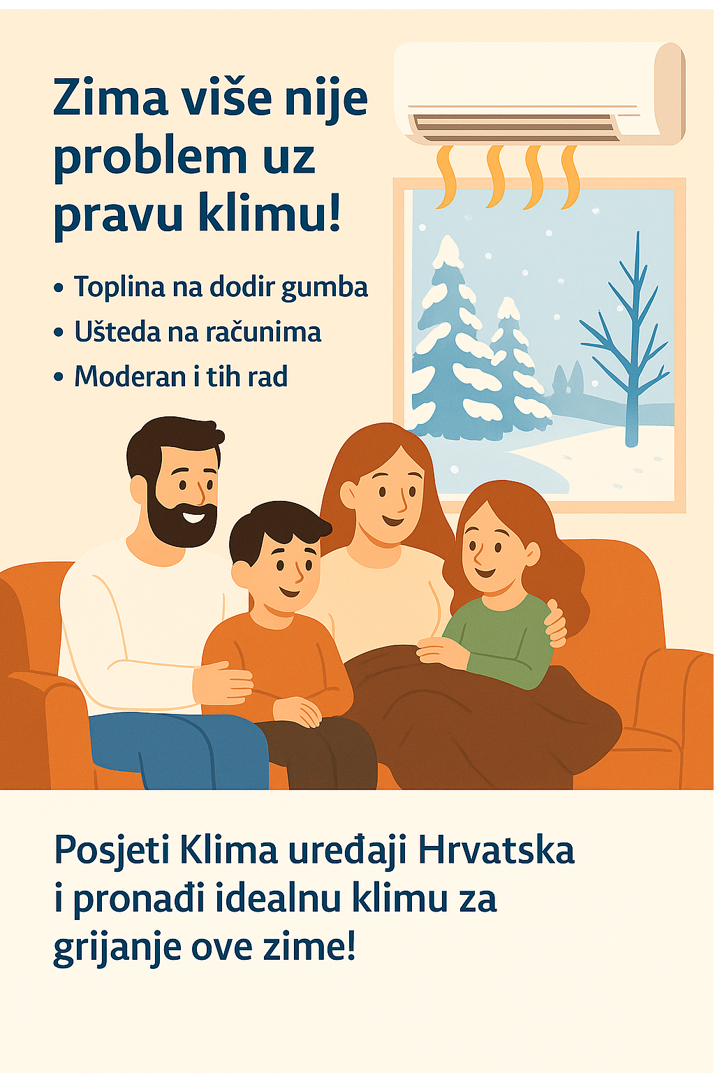 Obitelj u toplom dnevnom boravku: klima uređaj grije prostor, vani je snježna zima.