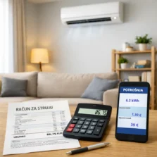 Moderni dnevni boravak sa zidnim klima uređajem, računom za struju, kalkulatorom i mobitelom s prikazom potrošnje