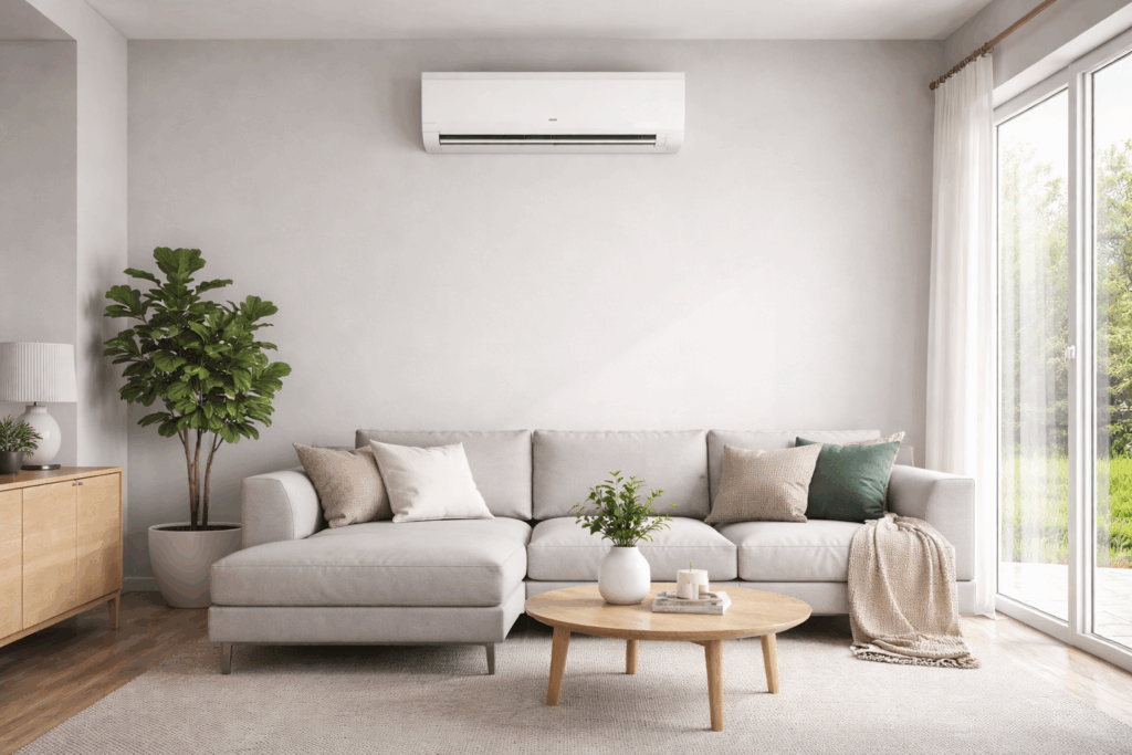 Klima uređaji u modernoj dnevnoj sobi – primjer pravilne pozicije unutarnje jedinice