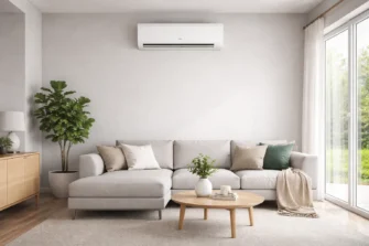 Klima uređaji u modernoj dnevnoj sobi – primjer pravilne pozicije unutarnje jedinice