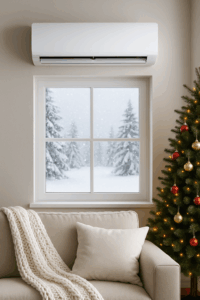 Midea klime  griju učinkovito. Dnevni boravak dok vani pada snijeg – blagdanska zimska atmosfera.