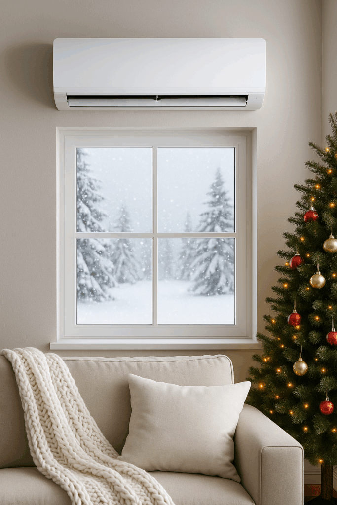 Midea klime  griju učinkovito. Dnevni boravak dok vani pada snijeg – blagdanska zimska atmosfera.