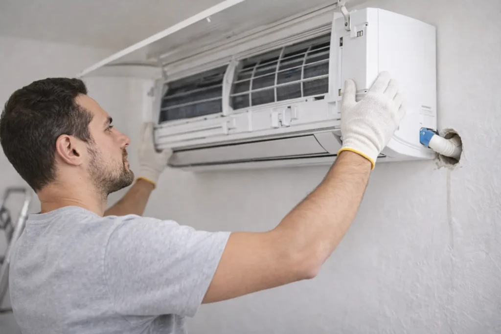 Montaža klima uređaja – postavljanje i niveliranje unutarnje jedinice na zidni nosač.