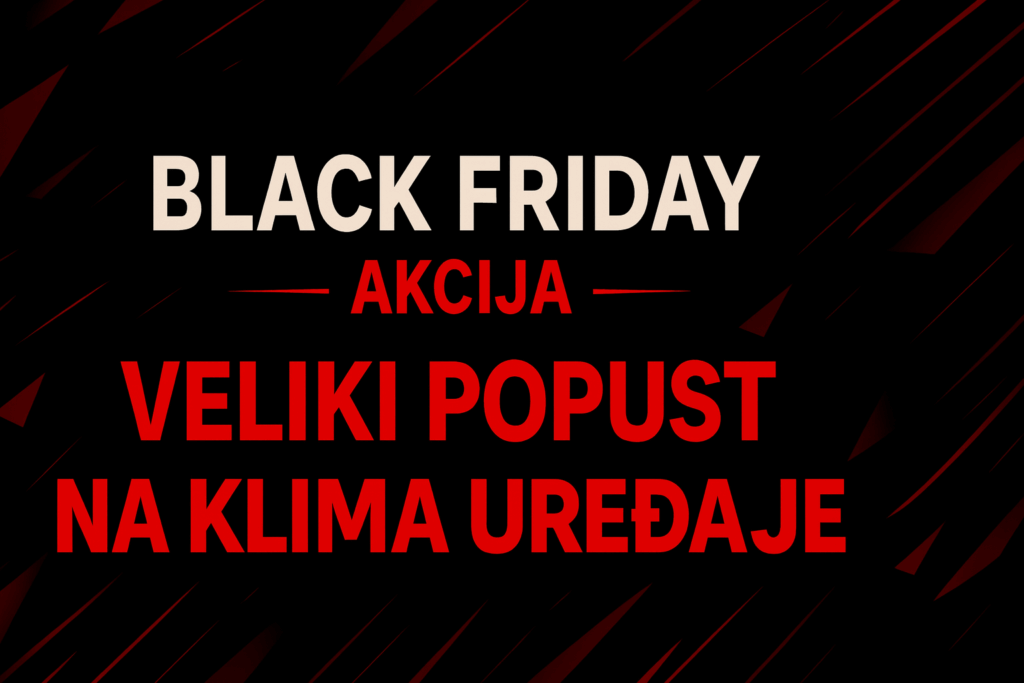 "Black Friday akcija – veliki popust na klima uređaje, vizualni banner u crno-crvenom dizajnu"
