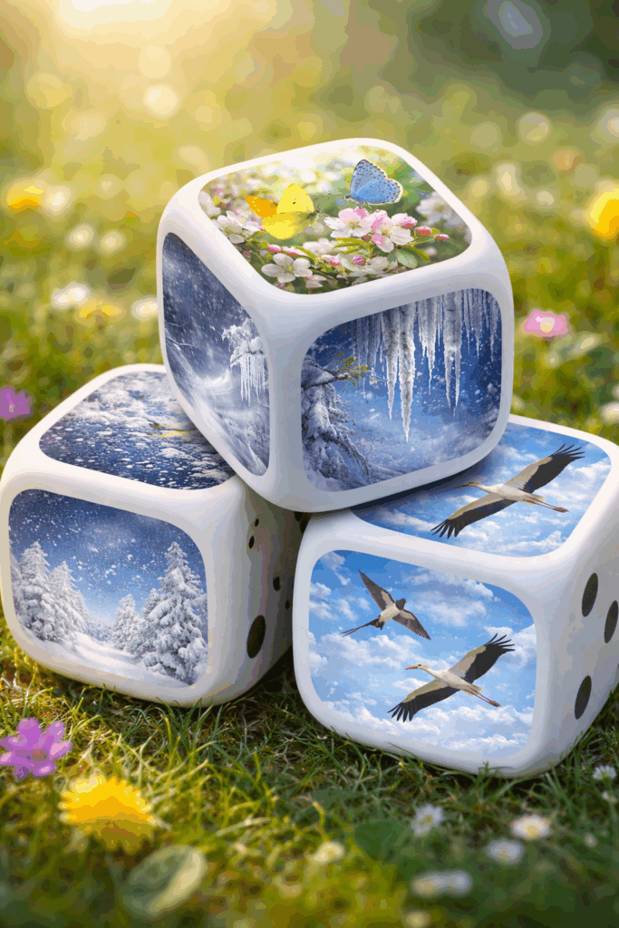 Klima uređaji – ilustracija proljetnih ekstrema na kockicama za društvene igre (zima i proljeće zajedno)