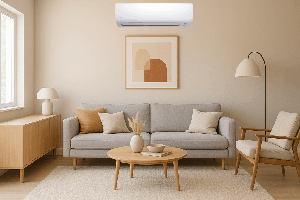 Najbolji klima uređaji 2025 - Daikin Sensira inverter klima uređaj u modernom dnevnom boravku – najbolji omjer cijene i kvalitete 2025